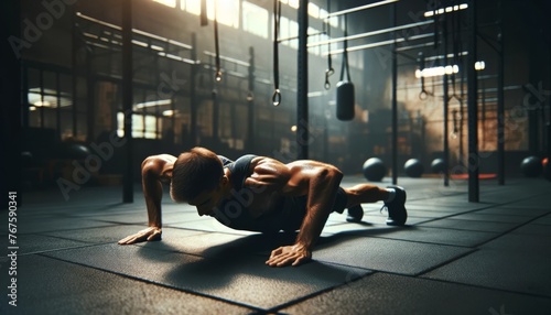 A medium shot of a boxer doing push-ups in the gym, highlighting their strength and conditioning. photo
