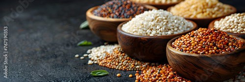 A variety of whole grains including brown rice, Different kinds of quinoa