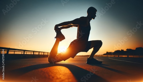 An athlete stretching at sunrise, with the warm glow of the morning sun backlighting their silhouette.