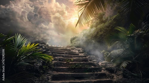 stair to the sky heaven an ancient stair in the midle of the jungle hill end up to the cloudy sky animated cloud in the morning