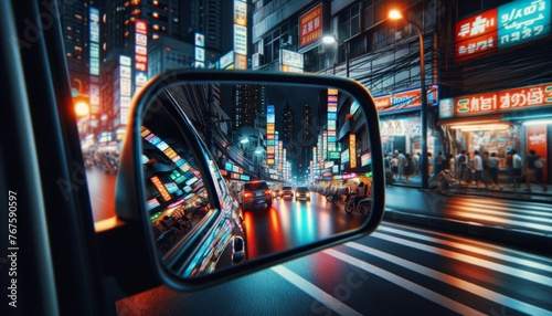 The image depicts a vehicle's side mirror capturing the vibrant life of a bustling city street at night.