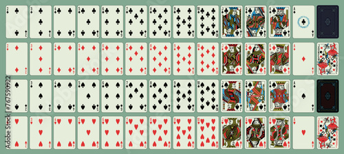 Classic playing cards (poker, bridge), full deck. Printable, vector and editable. Portraits of the King, Queen, Jack and Joker spades, hearts, diamonds, clubs suits. photo