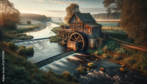 An old water mill situated on the bank of the meandering river, capturing a blend of natural beauty and historical charm.