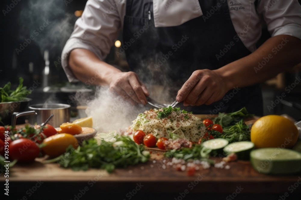 male chef cooking prepares delicious fresh food on plate for customer in kitchen of 5 star michelin restaurant