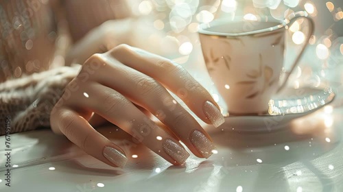 woman hand with cup of coffee and beautyfull sparkling nail art and animation light in the background calm video rest photo