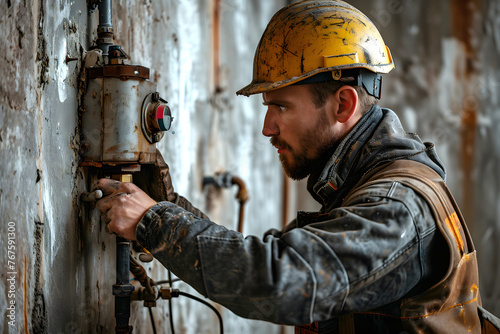 portrait of an electrician. male worker in a protective helmet and overalls works in production. industrial industry photo