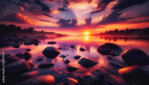 A sunset reflecting on a river's surface, with silhouetted rocks creating a peaceful scene.