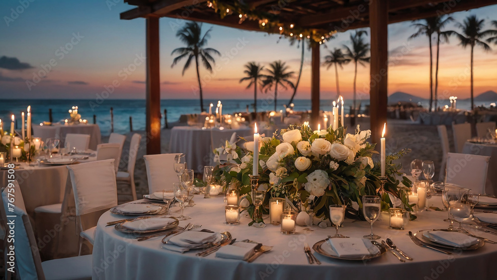 Decorated table wedding reception at beach resort.