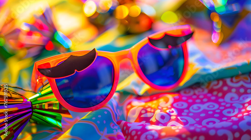 A pair of novelty sunglasses with attached eyebrows and nose, resting on a colorful April Fools' Day.
