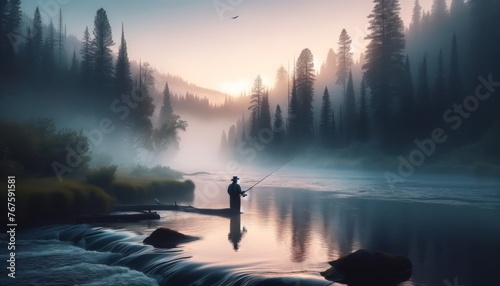 A serene early morning scene where a lone fisherman stands in a gently flowing river with a backdrop of a dense forest in early morning fog. photo