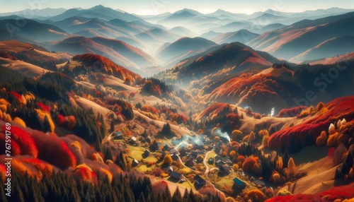 A bird's-eye view of a mountainous region during the peak of fall, with the foliage creating a patchwork of colors. photo