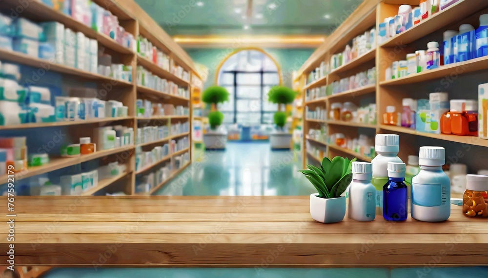 Pharmacy wood table counter with medicines healthcare product arranged on shelves in drugstore blurred defocused background, Ai Generate