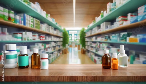 Pharmacy wood table counter with medicines healthcare product arranged on shelves in drugstore blurred defocused background, Ai Generate