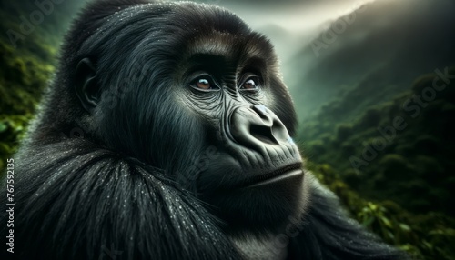 A close-up of a gorilla's thoughtful face, capturing its human-like expressions and emotions, in the misty mountains.