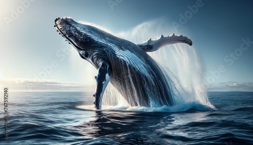A medium shot of a humpback whale breaching the ocean's surface, capturing the motion and power of this marine giant.