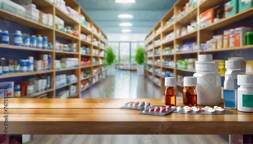 Pharmacy wood table counter with medicines healthcare product arranged on shelves in drugstore blurred defocused background, Ai Generate