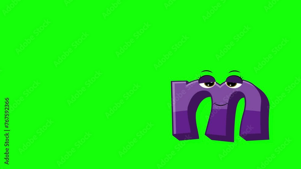 Cartoon style letter m 2d animation with green screen background, m alphabet dancing letters for little kids