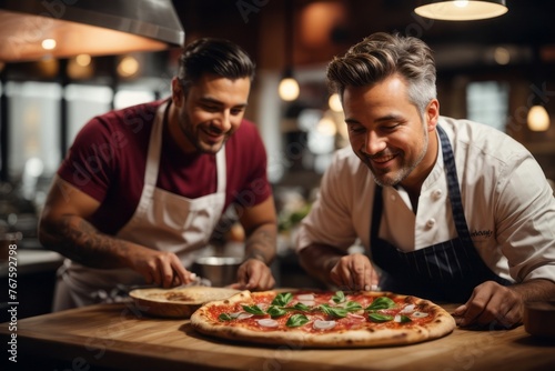 Male chef making pizza in restaurant kitchen, delicious restaurant food menu