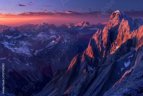 A breathtaking view of a mountain range at dawn, with the peaks illuminated by the first light of day, contrasting against the shadowed valleys