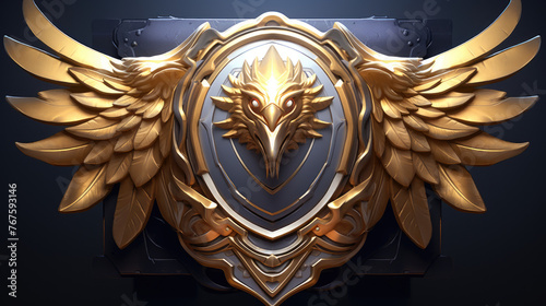 3d Modern and Futuristic Golden Metallic Eagle with Shield logo design. Luxury Logo Eagle, Hawk, Phoenix, Bird Design.