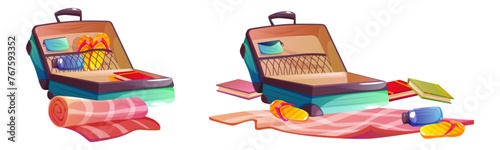 Open suitcase with summer travel and beach vacation female clothes and accessories carefully folded and stacked inside, and spread out near bag. Cartoon vector set of before and after view on luggage.