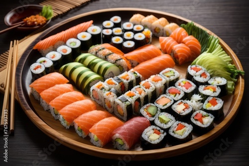 California maki sushi rolls with chopsticks on wooden table in Japanese food restaurant, top view
