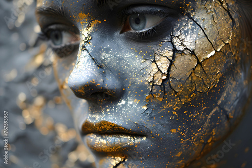 black and gold bodypainting and makeup on the face of a beautiful model. fashionable beauty and glamor