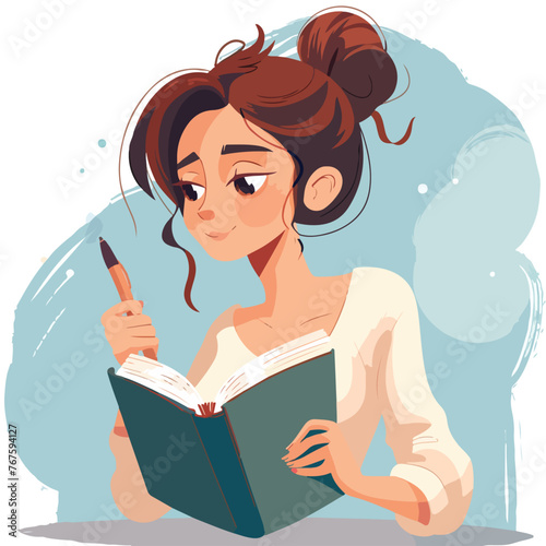 Close up female student with pen reading book cartoon