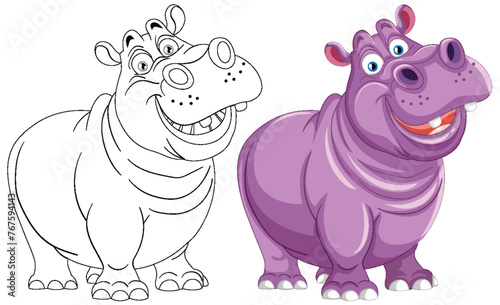 Vector illustration of two happy cartoon hippos