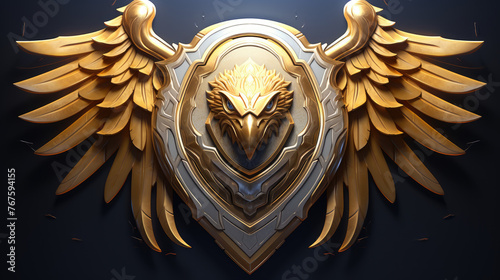 3d Modern and Futuristic Golden Metallic Eagle with Shield logo design. Luxury Logo Eagle, Hawk, Phoenix, Bird Design.