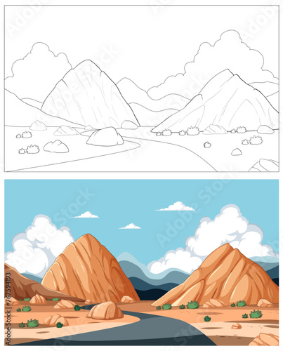 Vector illustration of a mountain scene, colored and line art.