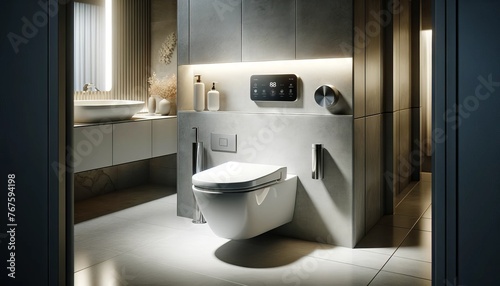 The image illustrates a modern, wall-mounted toilet in a minimalist bathroom setting.