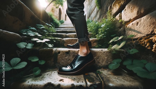 A person's lower legs and feet wearing classic black leather shoes, stepping up an old, stone staircase surrounded by lush green plants.