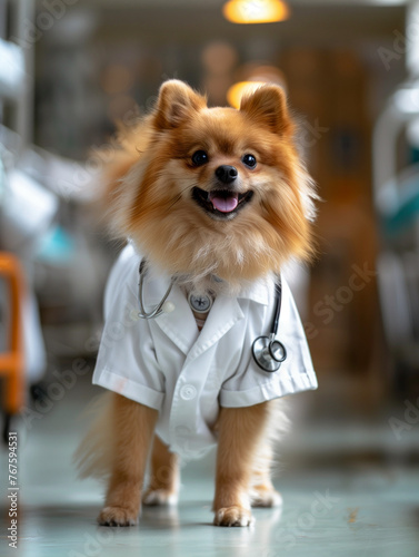 Pomeranian dog wearing doct...