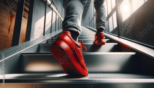 A close-up view of a person's feet clad in vibrant red sneakers, climbing up a modern, industrial-style metal staircase.