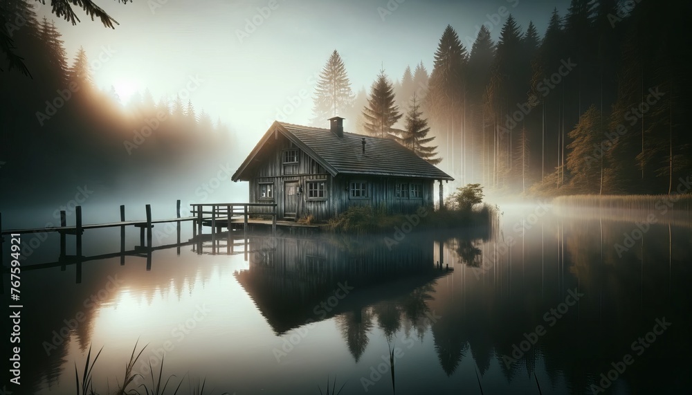 Fototapeta premium An old, isolated wooden cabin surrounded by early morning fog, with a small dock extending into a serene lake.