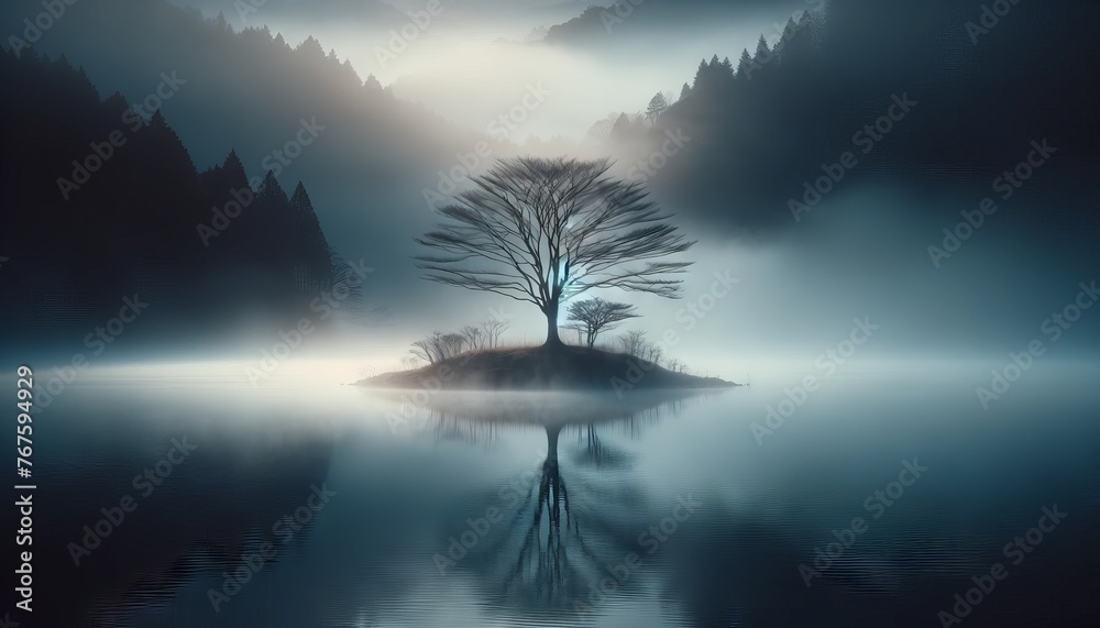 A solitary, leafless tree stands on a tiny island at the center of a misty lake. - obrazy, fototapety, plakaty 