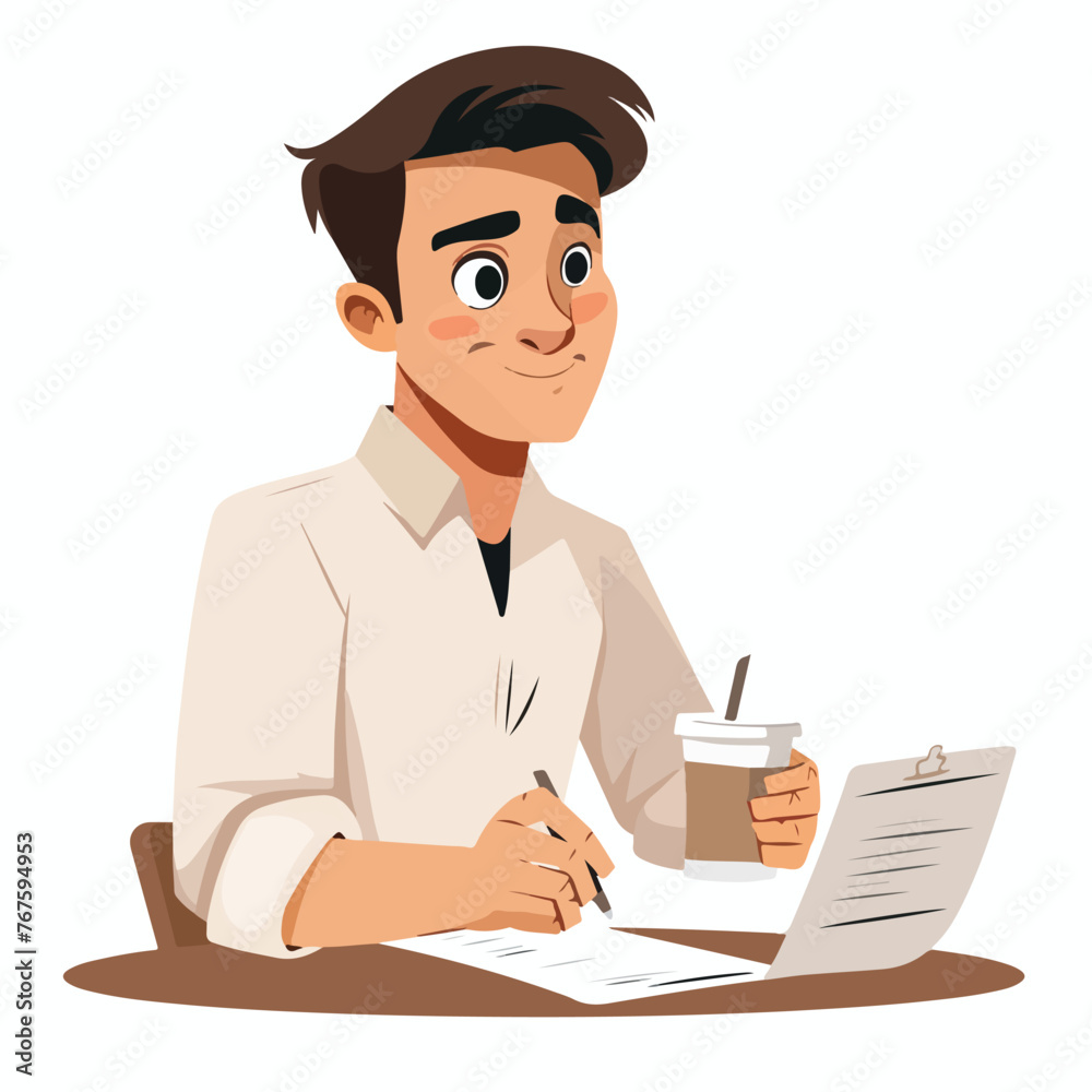 Close up man with coffee filling out paperwork cart
