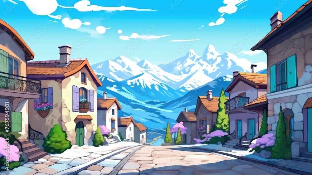 Vibrant cartoon village with lush greenery and blooming flowers, backed by majestic mountains