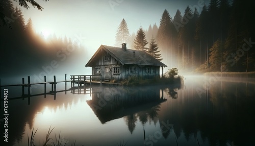 An old, isolated wooden cabin surrounded by early morning fog, with a small dock extending into a serene lake.