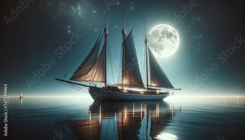 A vintage sailboat with its sails down, sitting quietly in the calm sea under the moonlight, with stars reflected in the water.