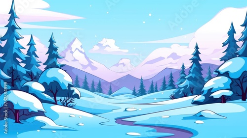cartoon snowy landscape, mountains, evergreen trees, tranquil lak © chesleatsz