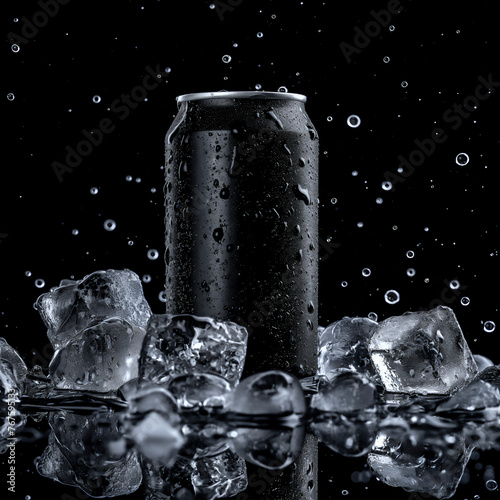 A freezing Carbonated soft drink black can surrounded with bubbles in black background