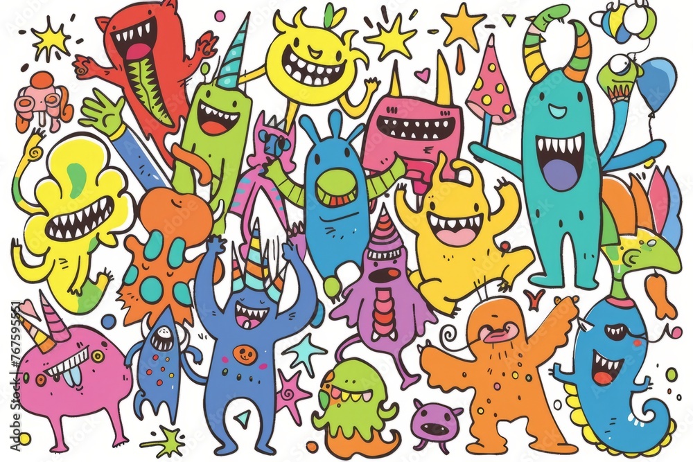 artoon cute doodles of a rainbow-colored monster parade, with monsters marching and playing musical instruments in every color of the rainbow, Generative AI