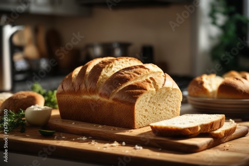 Homemade freshly baked bread on kitchen wooden table