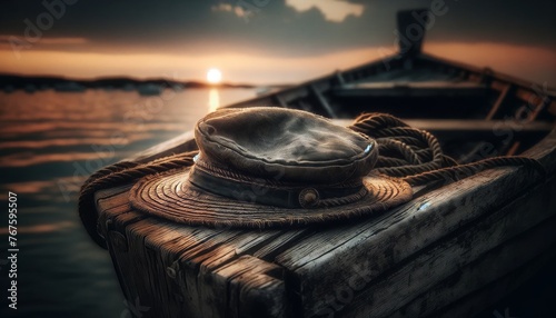 A rustic scene of a weathered sailor's hat lying on the edge of a wooden boat, with the sea and a fading sunset in the background.