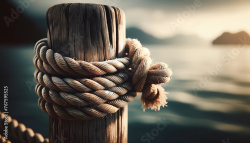A detailed close-up of a rope tied to a rustic wooden post, with the softly blurred ocean scene in the background. photo