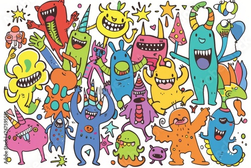 artoon cute doodles of a rainbow-colored monster parade  with monsters marching and playing musical instruments in every color of the rainbow  Generative AI