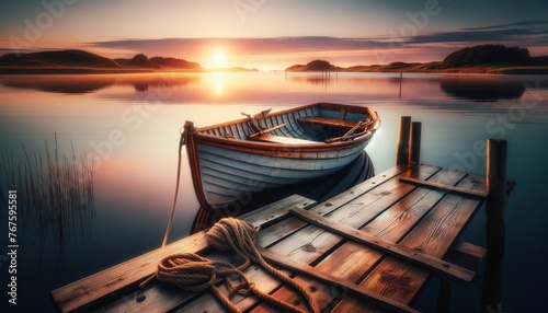 A serene morning scene featuring a small rowboat tied to a weathered wooden dock, with the calm waters reflecting the beautiful colors of the sunrise.