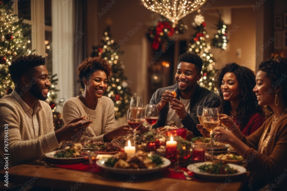 multi-ethnic people and friends having dinner celebrating christmas at home